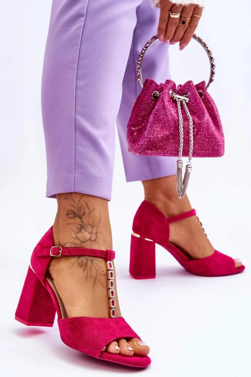 Zamszowe Sandały Na Obcasie Z Cyrkoniami Fuksja Aniya Damskie Sandały Na Obcasie