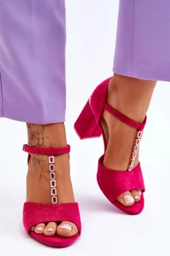 Zamszowe Sandały Na Obcasie Z Cyrkoniami Fuksja Aniya Damskie Sandały Na Obcasie