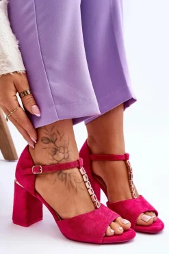 Zamszowe Sandały Na Obcasie Z Cyrkoniami Fuksja Aniya Damskie Sandały Na Obcasie
