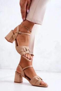Best Zamszowe Sandały Na Obcasie Z Ozdobą Beżowe Darlen Damskie Sandały Na Obcasie