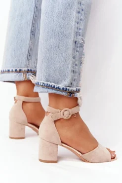 Hot Zamszowe Sandały Na Obcasie Vinceza 23-20100 Beżowe Damskie Sandały Na Obcasie