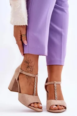 Discount Zamszowe Sandały Na Obcasie Z Cyrkoniami Beżowe Aniya Damskie Sandały Na Obcasie