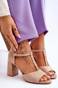 Discount Zamszowe Sandały Na Obcasie Z Cyrkoniami Beżowe Aniya Damskie Sandały Na Obcasie