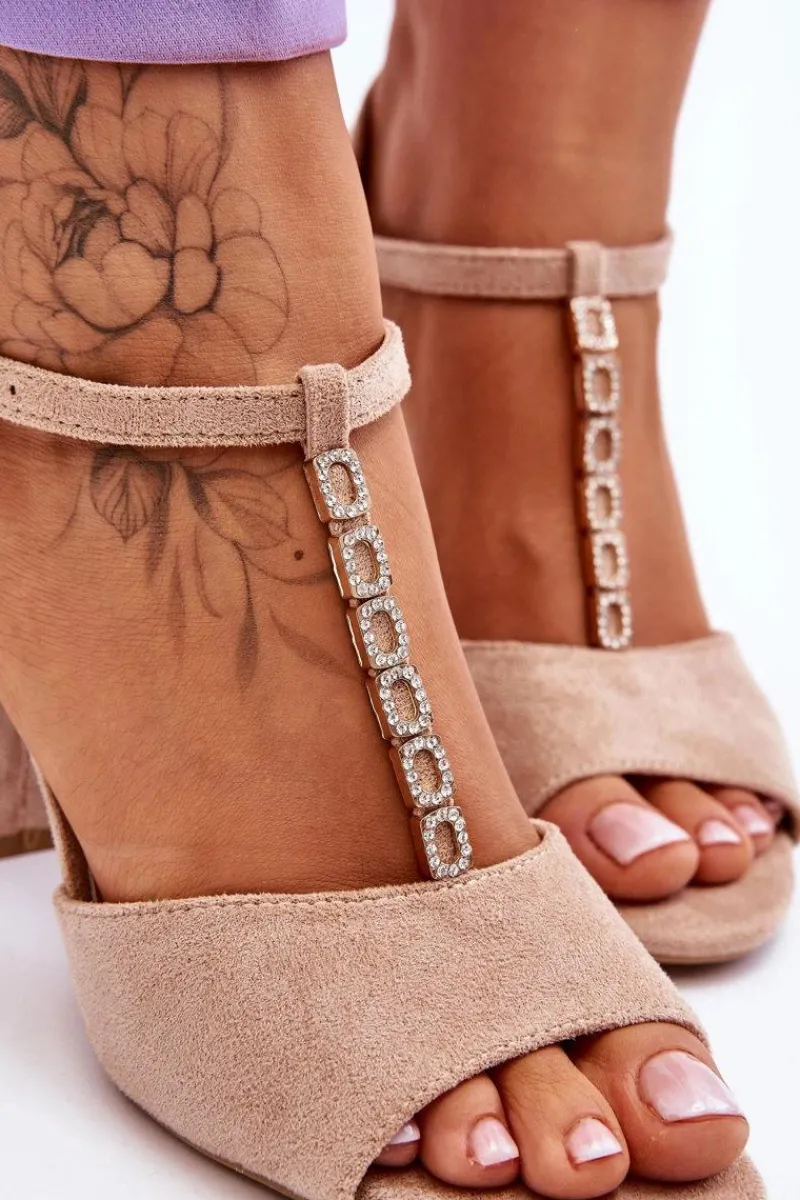 Discount Zamszowe Sandały Na Obcasie Z Cyrkoniami Beżowe Aniya Damskie Sandały Na Obcasie