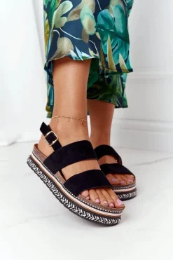 Sandały Płaskie>Boto Zamszowe Sandały Na Platformie Czarne Olimpia