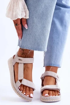 Online Zamszowe Sandały Na Rzep Big Star LL276014 Białe Damskie Sandały Big Star|Sandały Na Koturnie