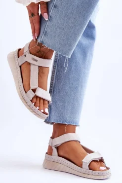 Online Zamszowe Sandały Na Rzep Big Star LL276014 Białe Damskie Sandały Big Star|Sandały Na Koturnie