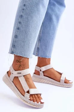 Online Zamszowe Sandały Na Rzep Big Star LL276014 Białe Damskie Sandały Big Star|Sandały Na Koturnie