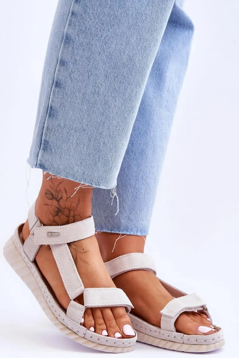 Online Zamszowe Sandały Na Rzep Big Star LL276014 Białe Damskie Sandały Big Star|Sandały Na Koturnie