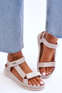 Online Zamszowe Sandały Na Rzep Big Star LL276014 Białe Damskie Sandały Big Star|Sandały Na Koturnie