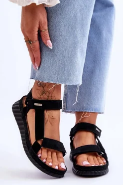 Outlet Zamszowe Sandały Na Rzep Big Star LL276011 Czarne Damskie Sandały Big Star|Sandały Na Koturnie