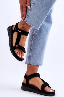 Outlet Zamszowe Sandały Na Rzep Big Star LL276011 Czarne Damskie Sandały Big Star|Sandały Na Koturnie