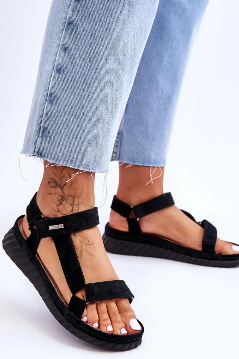 Outlet Zamszowe Sandały Na Rzep Big Star LL276011 Czarne Damskie Sandały Big Star|Sandały Na Koturnie