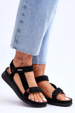 Outlet Zamszowe Sandały Na Rzep Big Star LL276011 Czarne Damskie Sandały Big Star|Sandały Na Koturnie