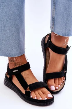 Outlet Zamszowe Sandały Na Rzep Big Star LL276011 Czarne Damskie Sandały Big Star|Sandały Na Koturnie