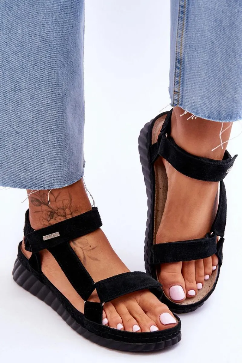 Outlet Zamszowe Sandały Na Rzep Big Star LL276011 Czarne Damskie Sandały Big Star|Sandały Na Koturnie