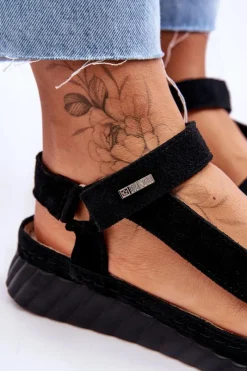 Outlet Zamszowe Sandały Na Rzep Big Star LL276011 Czarne Damskie Sandały Big Star|Sandały Na Koturnie