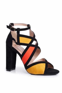 Zamszowe Sandały Na Słupku Czarno-Pomarańczowe Emolly Damskie Sandały Na Obcasie