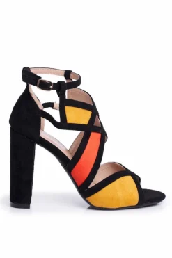 Zamszowe Sandały Na Słupku Czarno-Pomarańczowe Emolly Damskie Sandały Na Obcasie