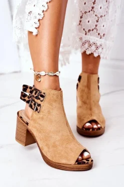 Sandały Na Obcasie>Boto Zamszowe Sandały Na Słupku Lu Boo Camel Leopard