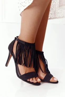 Best Damskie buty S.Barski Zamszowe Sandały Na Szpilce Z Frędzlami Czarne Boho Swing