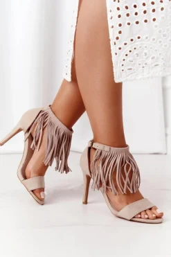 Zamszowe Sandały Na Szpilce Z Frędzlami Beżowe Boho Swing Damskie Sandały Na Obcasie