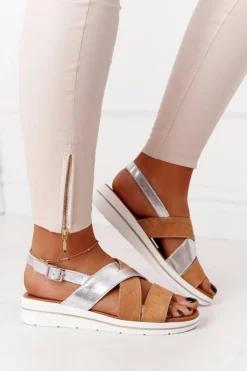 Sale Zamszowe Sandały Sergio Leone SK039 Beżowo-Srebrne Damskie Sandały Na Koturnie|Sandały Płaskie