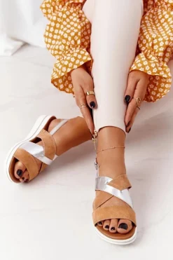 Sale Zamszowe Sandały Sergio Leone SK039 Beżowo-Srebrne Damskie Sandały Na Koturnie|Sandały Płaskie