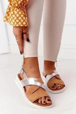 Sale Zamszowe Sandały Sergio Leone SK039 Beżowo-Srebrne Damskie Sandały Na Koturnie|Sandały Płaskie