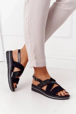 New Buty Sergio Leone Zamszowe Sandały Sergio Leone SK039 Czarno-Srebrne