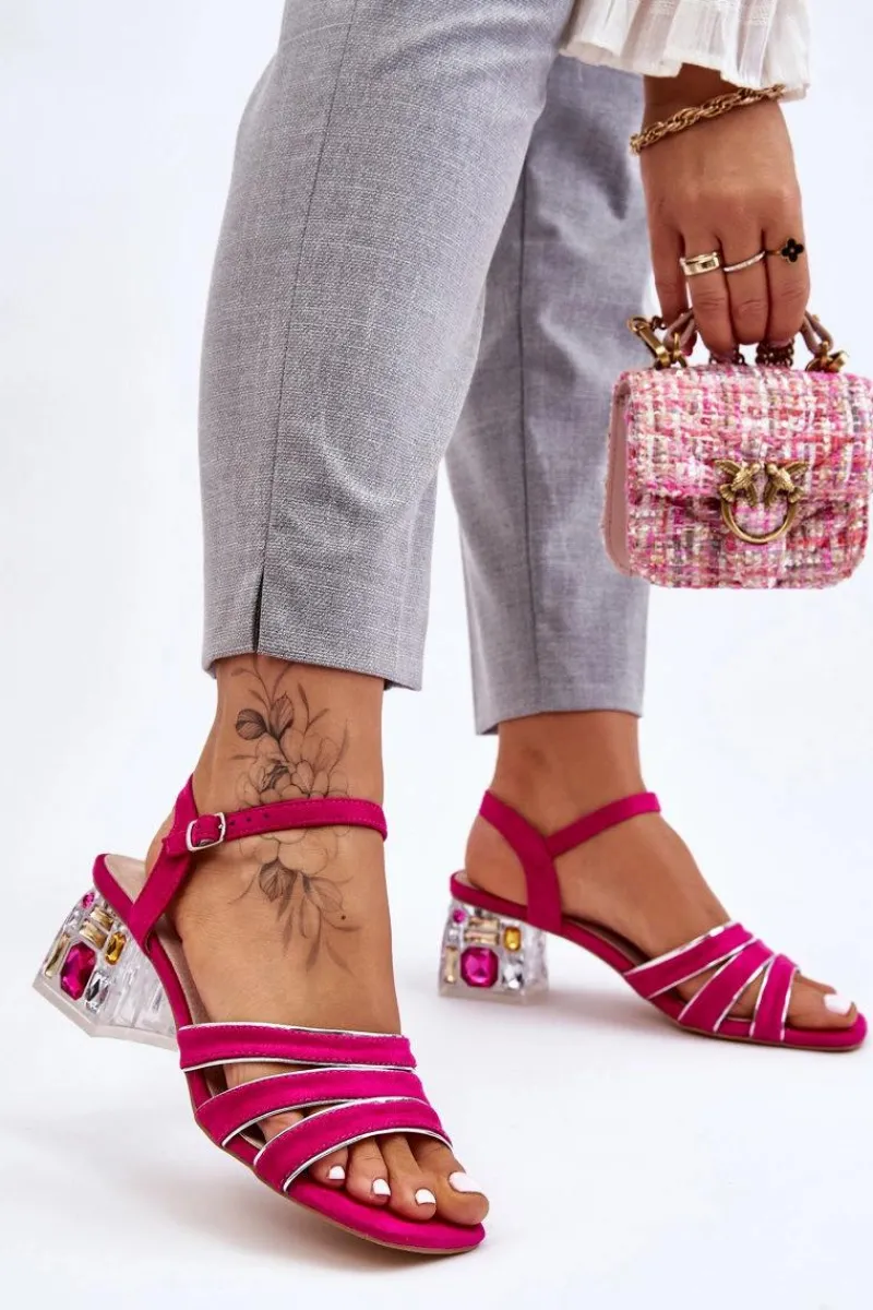 Zamszowe Sandały Z Kryształami Fuksja Callan Damskie Sandały Na Obcasie