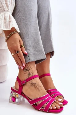 Zamszowe Sandały Z Kryształami Fuksja Callan Damskie Sandały Na Obcasie