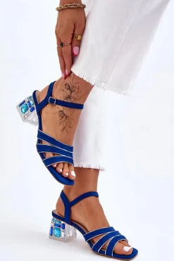 Sandały Na Obcasie>Damskie buty S.Barski Zamszowe Sandały Z Kryształami Niebieskie Callan