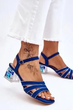 Sandały Na Obcasie></noscript>Damskie buty S.Barski Zamszowe Sandały Z Kryształami Niebieskie Callan