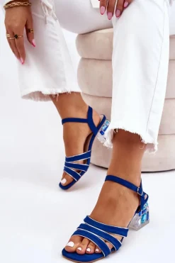 Sandały Na Obcasie></noscript>Damskie buty S.Barski Zamszowe Sandały Z Kryształami Niebieskie Callan