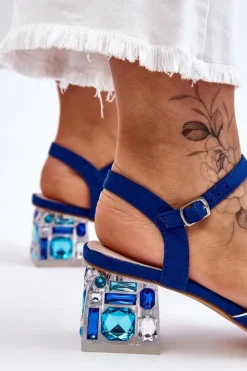 Sandały Na Obcasie></noscript>Damskie buty S.Barski Zamszowe Sandały Z Kryształami Niebieskie Callan