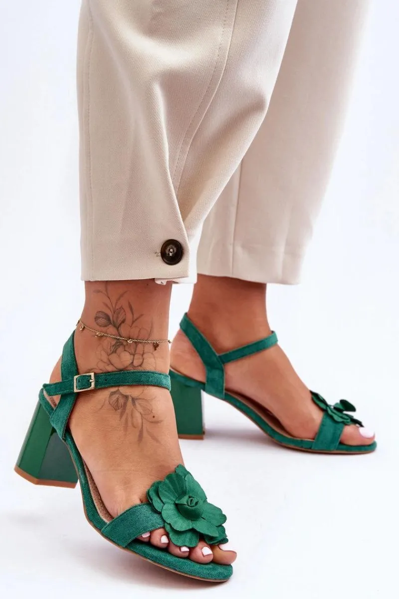 Sandały Na Obcasie>Boto Zamszowe Sandały Z Kwiatem S.Barski 04 Zielone