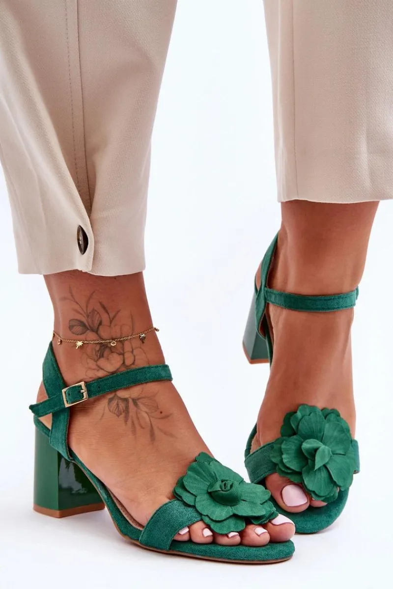 Sandały Na Obcasie>Boto Zamszowe Sandały Z Kwiatem S.Barski 04 Zielone