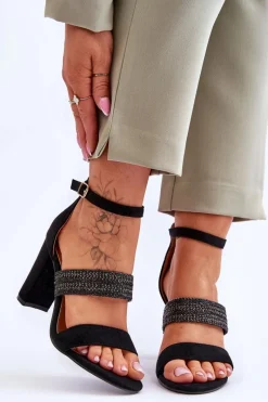 Sale Zamszowe Sandały Z Plecionym Paskiem Na Obcasie Czarne Roselia Damskie Sandały Na Obcasie