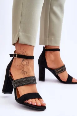 Sale Zamszowe Sandały Z Plecionym Paskiem Na Obcasie Czarne Roselia Damskie Sandały Na Obcasie