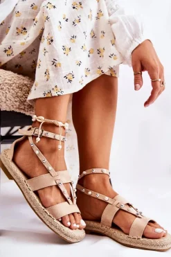 Sandały Płaskie>Damskie buty S.Barski Zamszowe Sandały Z Ćwiekami Beżowe Marey