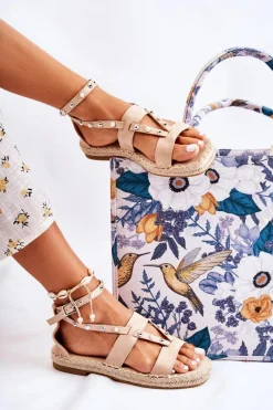 Sandały Płaskie>Damskie buty S.Barski Zamszowe Sandały Z Ćwiekami Beżowe Marey