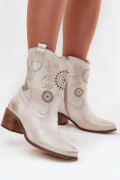 Outlet Zamszowe Skórzane Botki Damskie Ażurowe Na Obcasie 3844 Przecierany Damskie Botki Skórzane|Botki Na Słupku