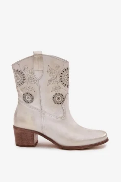 Outlet Zamszowe Skórzane Botki Damskie Ażurowe Na Obcasie 3844 Przecierany Damskie Botki Skórzane|Botki Na Słupku