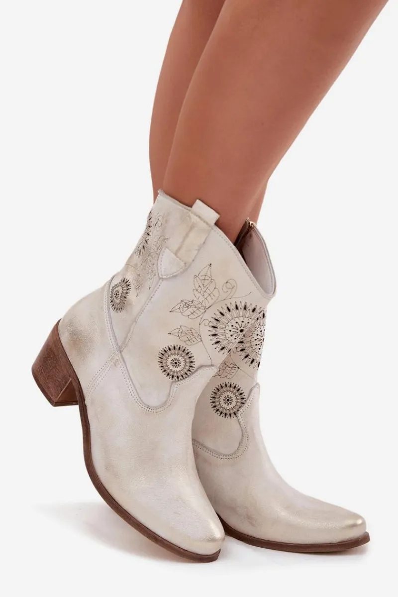 Outlet Zamszowe Skórzane Botki Damskie Ażurowe Na Obcasie 3844 Przecierany Damskie Botki Skórzane|Botki Na Słupku