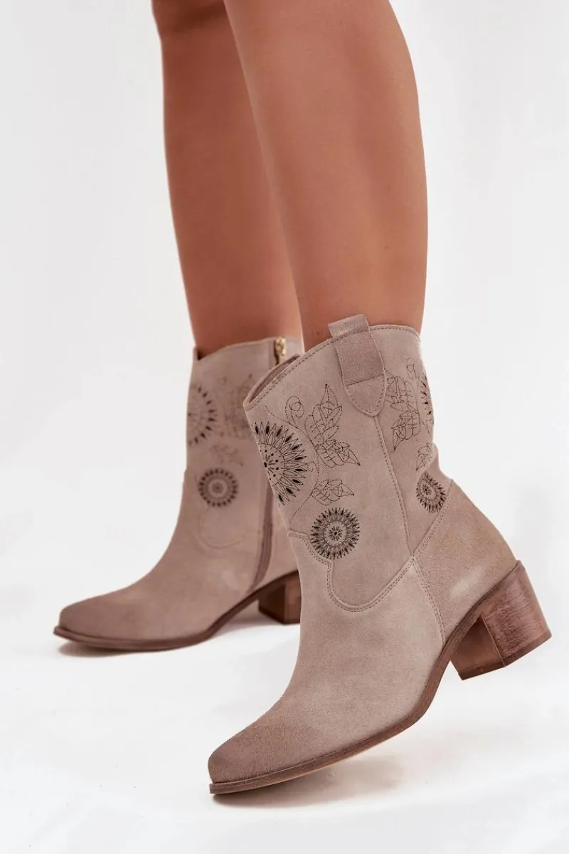 Botki Skórzane|Botki Na Słupku>Zazoo Zamszowe Skórzane Botki Damskie Ażurowe Na Obcasie 3844 Cappuccino Beżowy