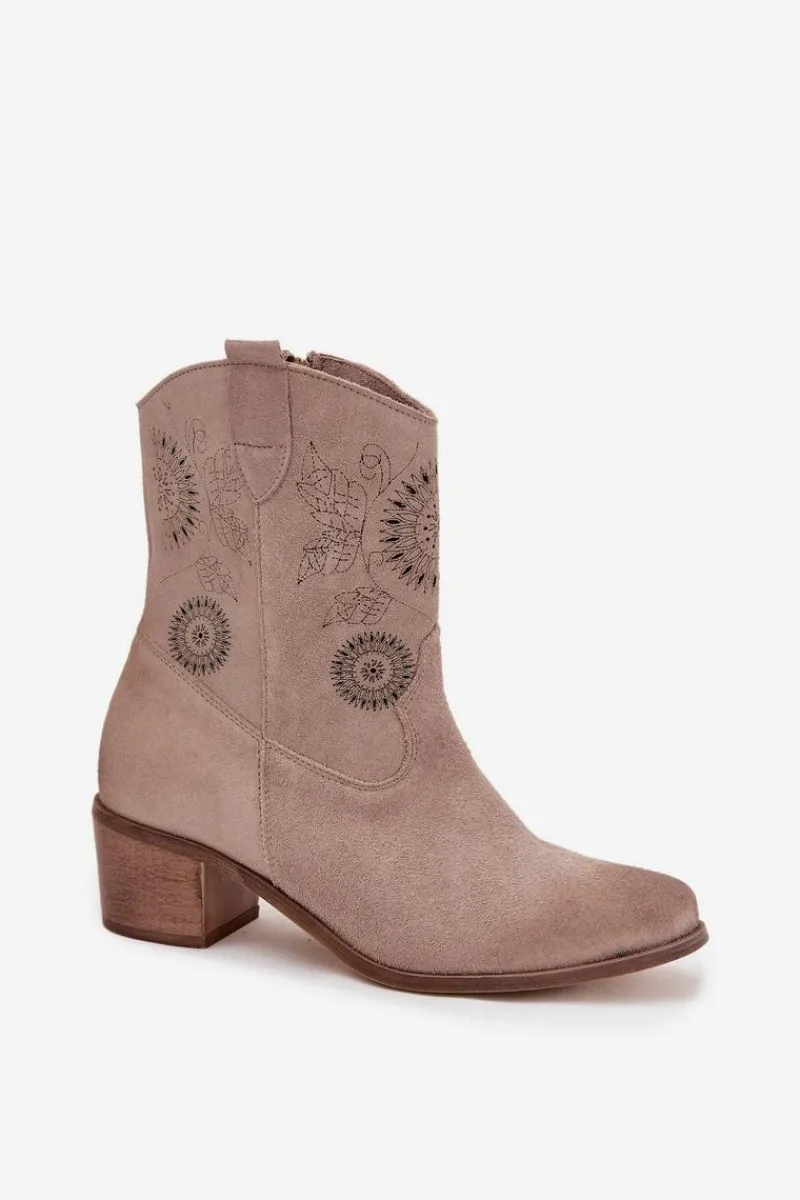 Botki Skórzane|Botki Na Słupku>Zazoo Zamszowe Skórzane Botki Damskie Ażurowe Na Obcasie 3844 Cappuccino Beżowy