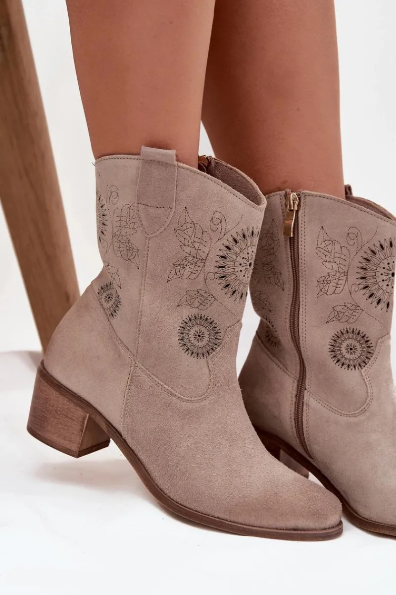 Botki Skórzane|Botki Na Słupku>Zazoo Zamszowe Skórzane Botki Damskie Ażurowe Na Obcasie 3844 Cappuccino Beżowy