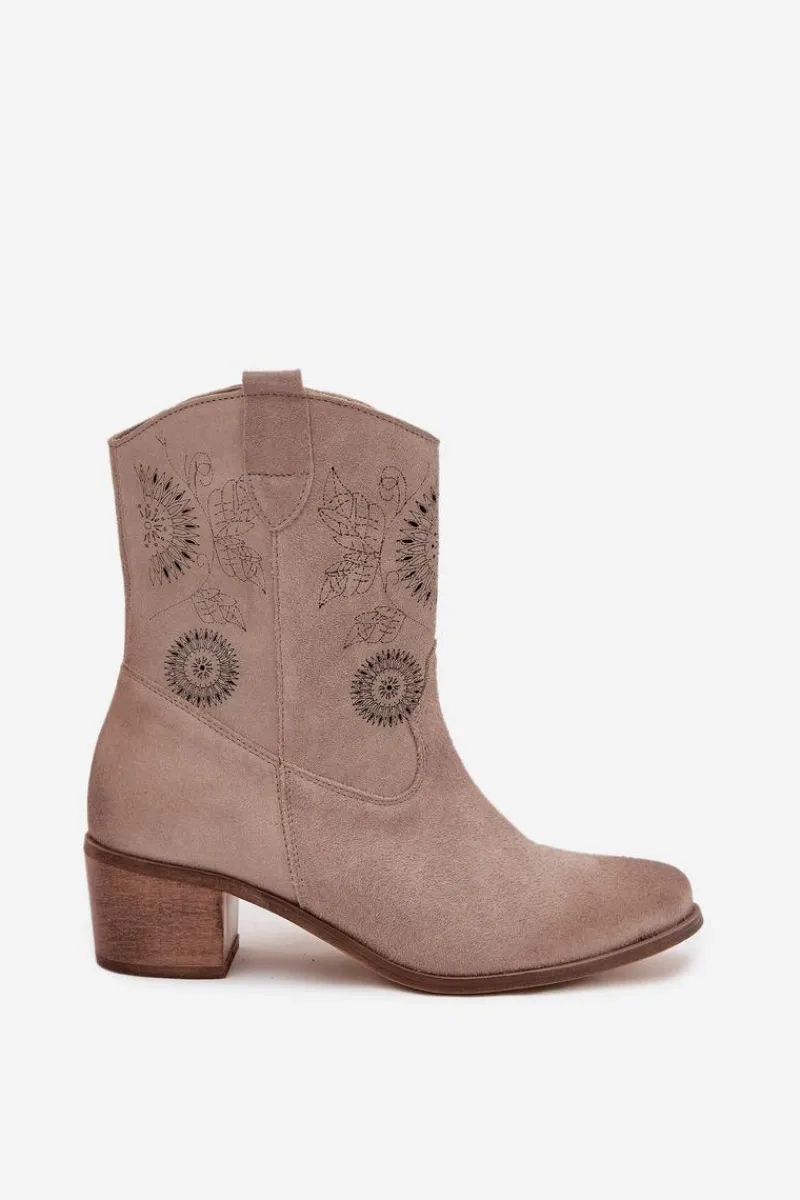 Botki Skórzane|Botki Na Słupku>Zazoo Zamszowe Skórzane Botki Damskie Ażurowe Na Obcasie 3844 Cappuccino Beżowy