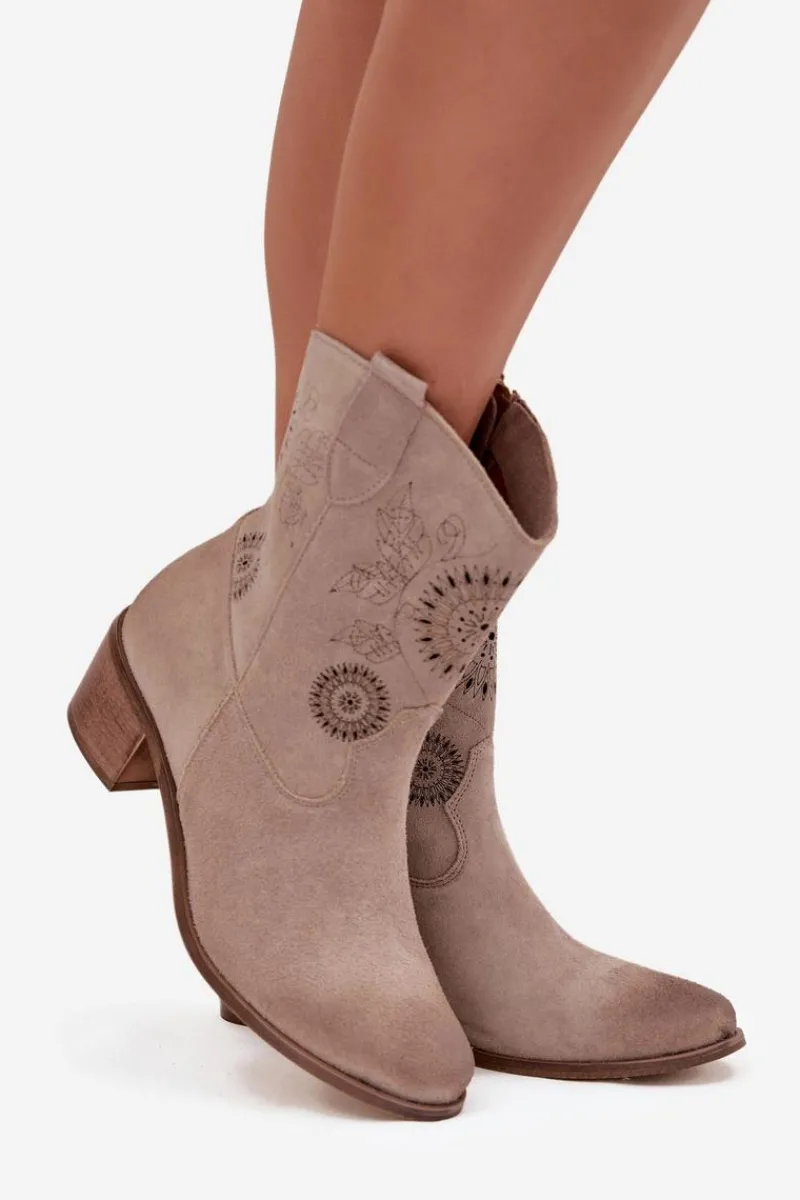 Botki Skórzane|Botki Na Słupku>Zazoo Zamszowe Skórzane Botki Damskie Ażurowe Na Obcasie 3844 Cappuccino Beżowy